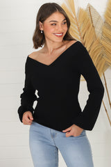 Apres Knit Top - V Neck Slightly Off Shoulder Balloon Sleeve Knit in Black