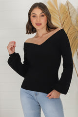 Apres Knit Top - V Neck Slightly Off Shoulder Balloon Sleeve Knit in Black