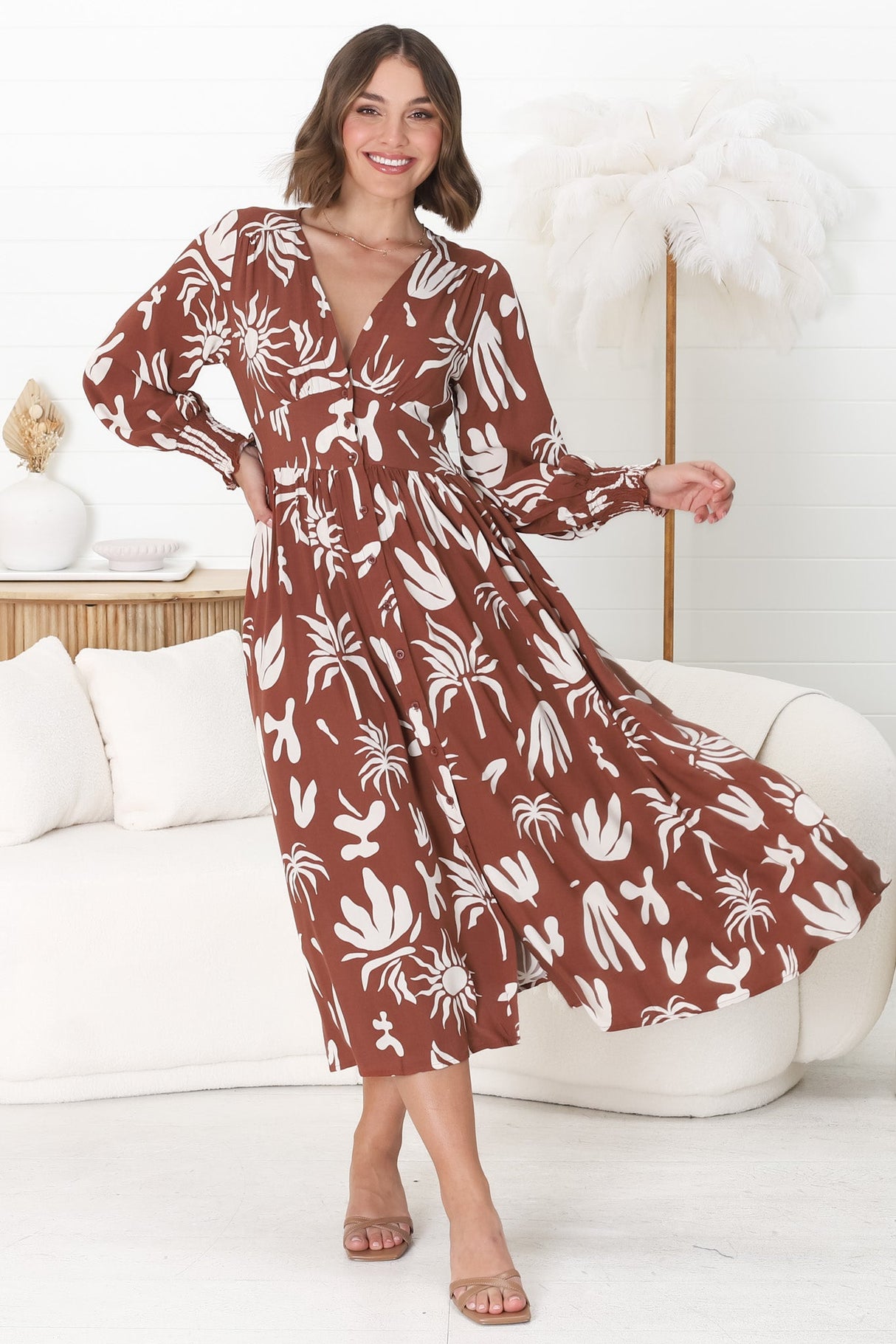 Jolie Midi Dress - V Neck Buttoned Down Long Sleeve Dress in Wells Print Brown