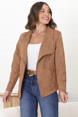 Ollie Suede Jacket - Waterfall Collar Open Front Faux Suede Jacket in Tan