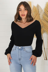 Apres Knit Top - V Neck Slightly Off Shoulder Balloon Sleeve Knit in Black