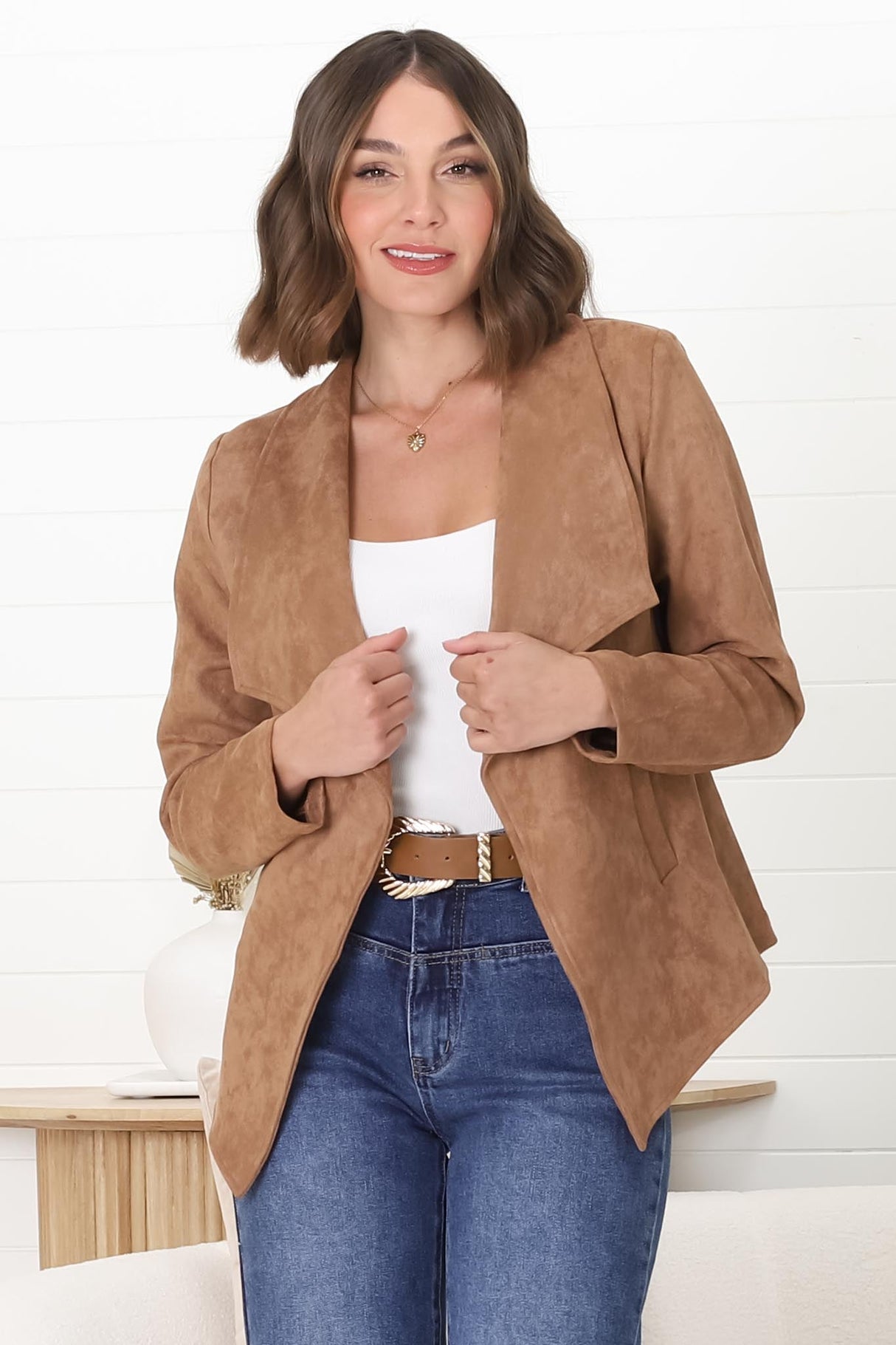 Ollie Suede Jacket - Waterfall Collar Open Front Faux Suede Jacket in Tan