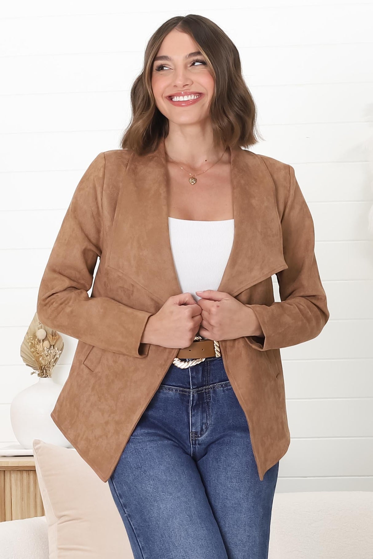 Ollie Suede Jacket - Waterfall Collar Open Front Faux Suede Jacket in Tan