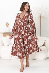 Jolie Midi Dress - V Neck Buttoned Down Long Sleeve Dress in Wells Print Brown