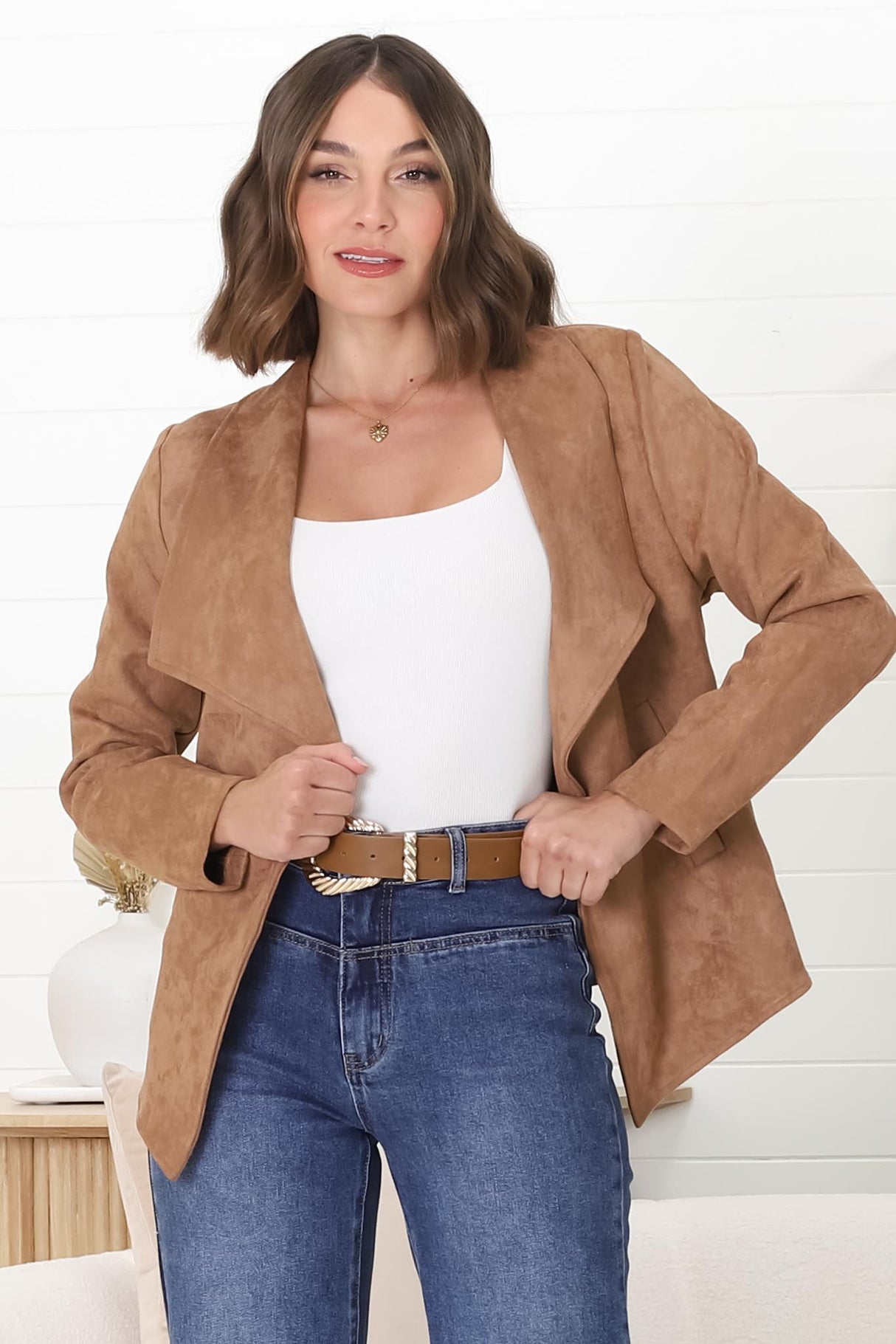 Ollie Suede Jacket - Waterfall Collar Open Front Faux Suede Jacket in Tan