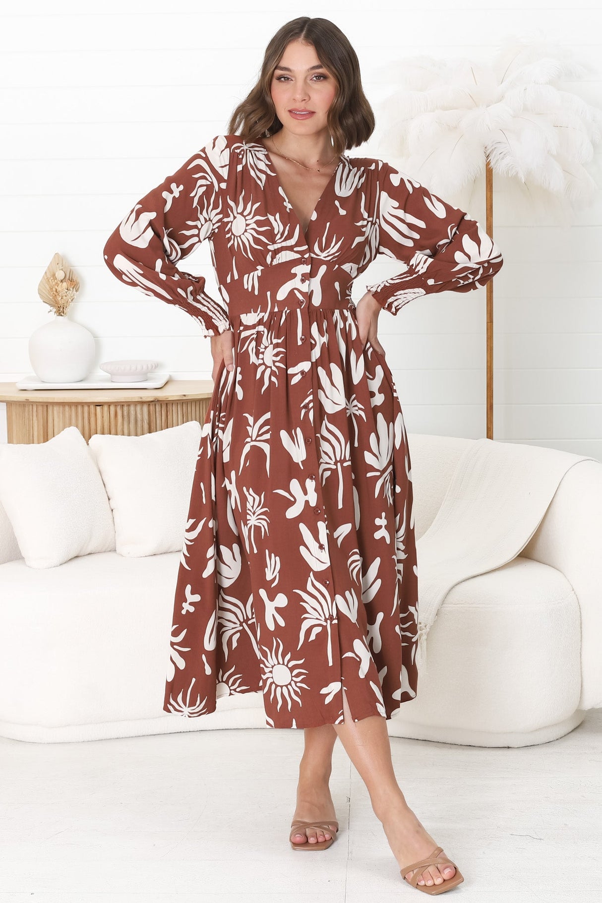 Jolie Midi Dress - V Neck Buttoned Down Long Sleeve Dress in Wells Print Brown