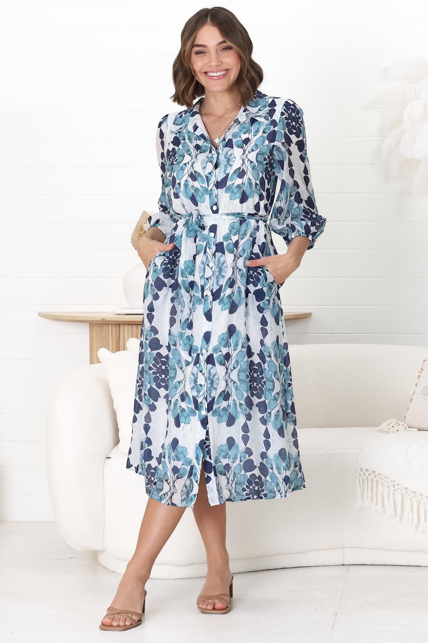 Lorinie Midi Dress - Collared Shirt Dress with Matching Waist Tie in Calea Print Blue