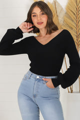 Apres Knit Top - V Neck Slightly Off Shoulder Balloon Sleeve Knit in Black