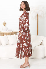 Jolie Midi Dress - V Neck Buttoned Down Long Sleeve Dress in Wells Print Brown