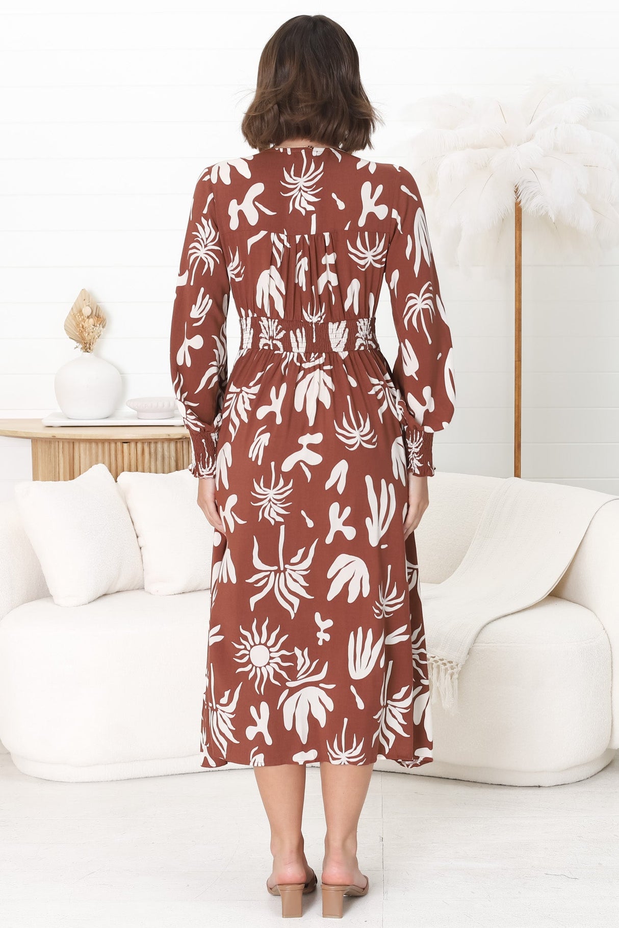 Jolie Midi Dress - V Neck Buttoned Down Long Sleeve Dress in Wells Print Brown