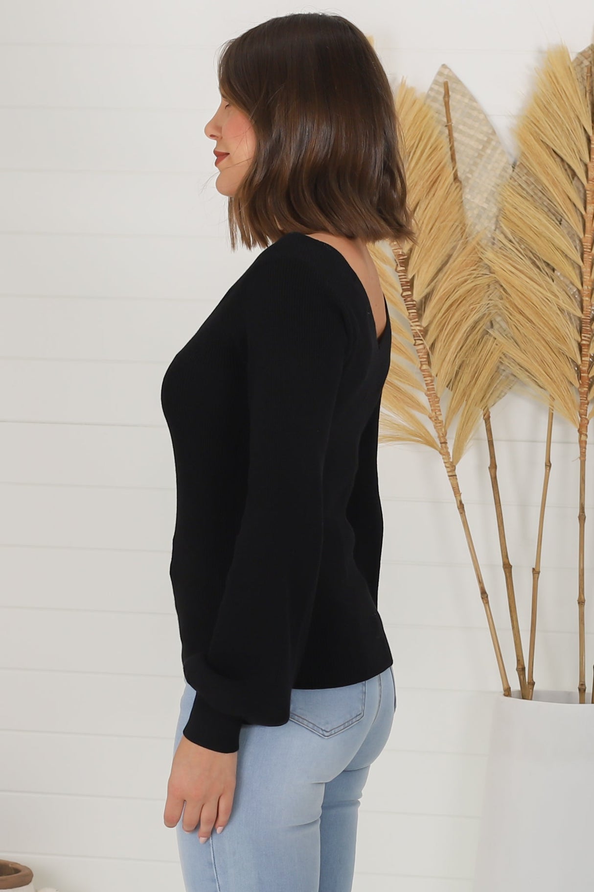 Apres Knit Top - V Neck Slightly Off Shoulder Balloon Sleeve Knit in Black