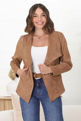 Ollie Suede Jacket - Waterfall Collar Open Front Faux Suede Jacket in Tan