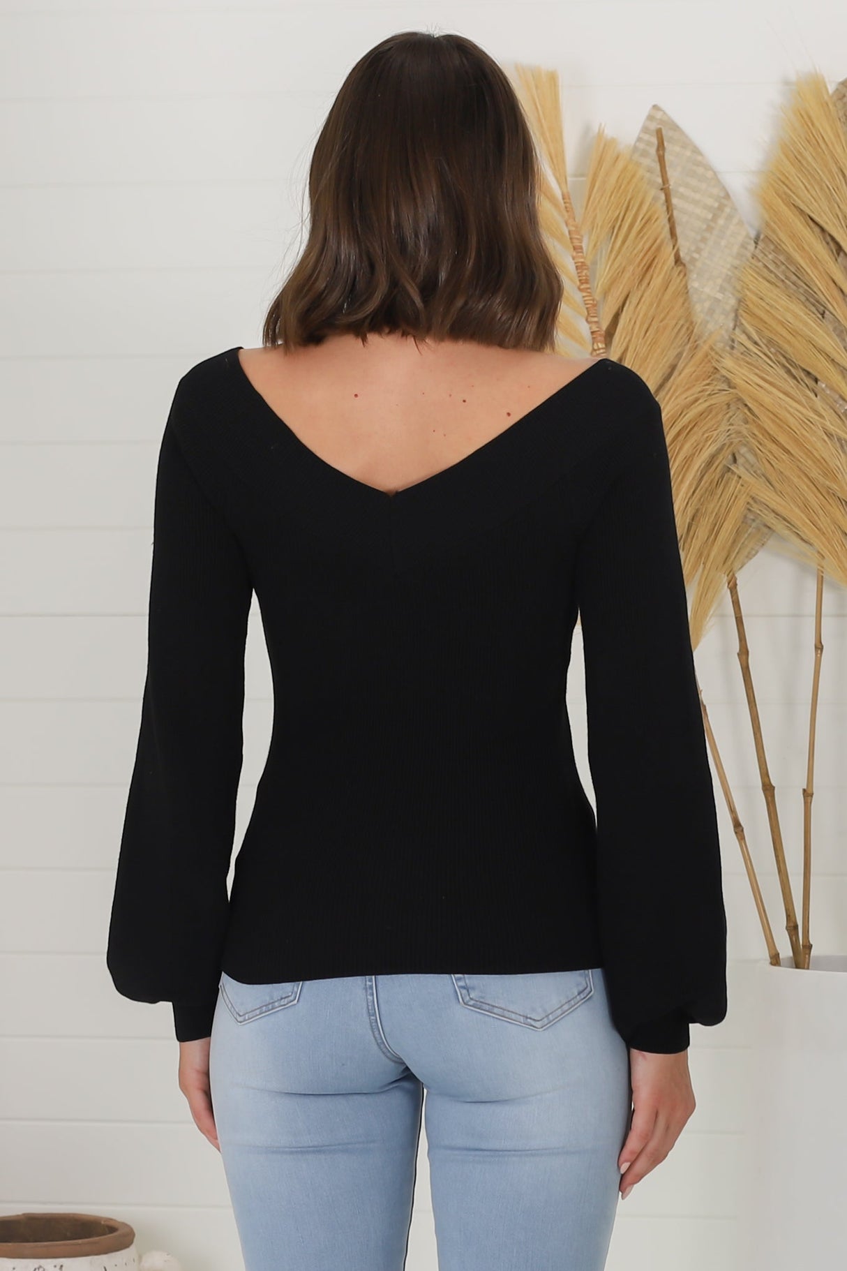 Apres Knit Top - V Neck Slightly Off Shoulder Balloon Sleeve Knit in Black