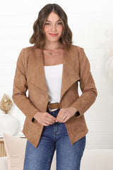 Ollie Suede Jacket - Waterfall Collar Open Front Faux Suede Jacket in Tan