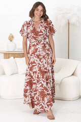 Ness Maxi Dress - Cross Bodice Cap Sleeve Tiered Dress in Hanny Print Rust