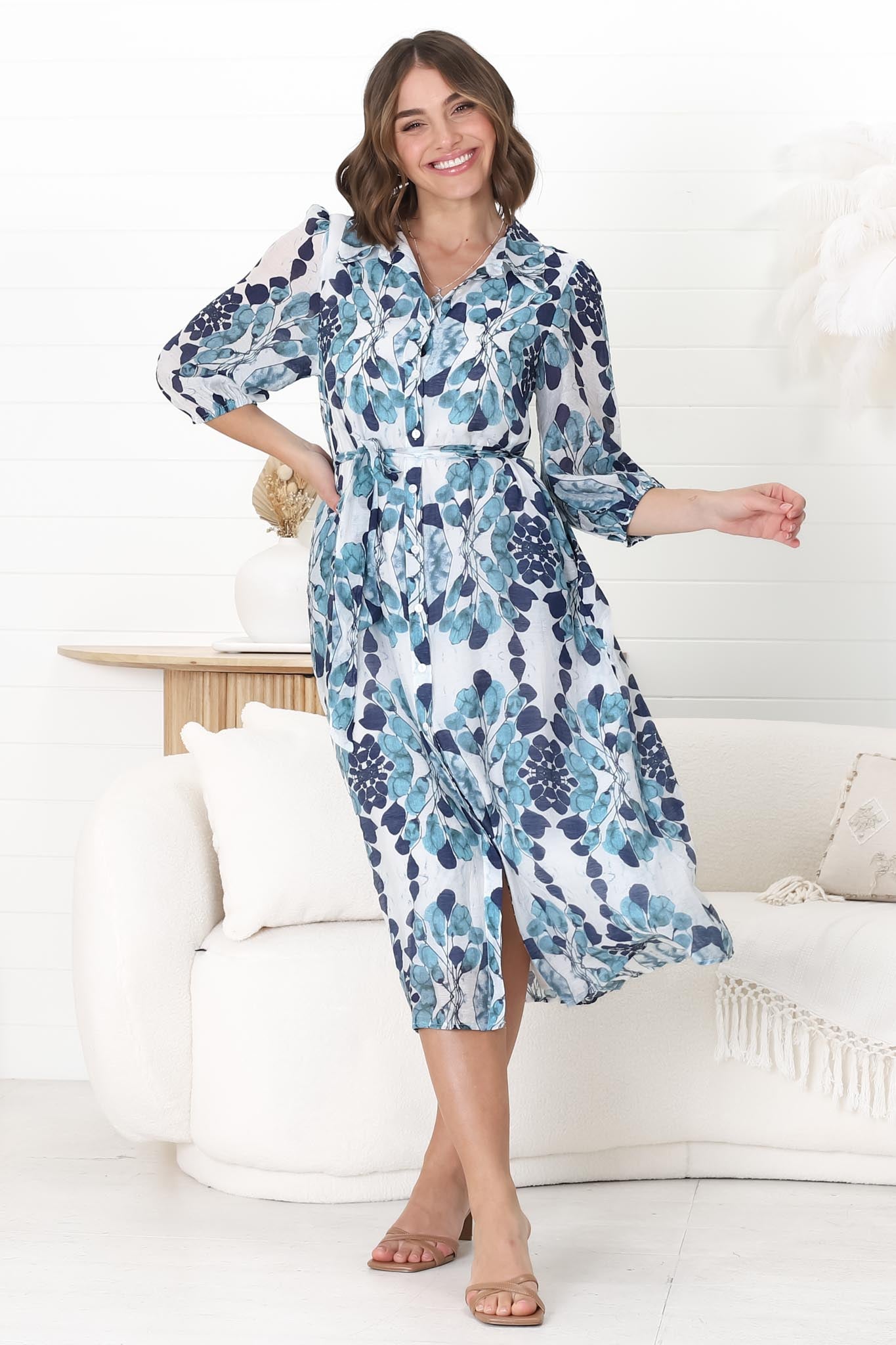 Lorinie Midi Dress - Collared Shirt Dress with Matching Waist Tie in Calea Print Blue