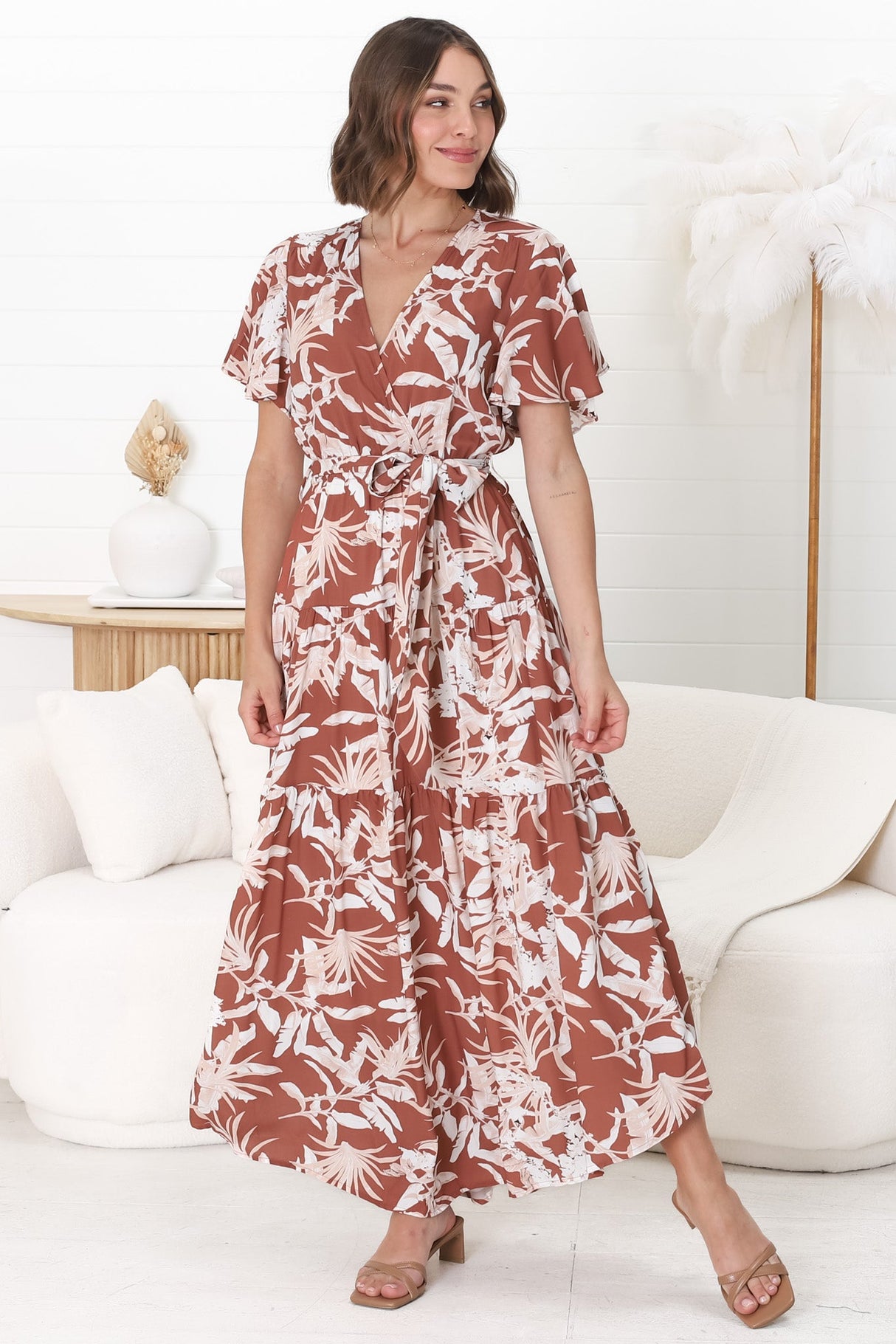 Ness Maxi Dress - Cross Bodice Cap Sleeve Tiered Dress in Hanny Print Rust