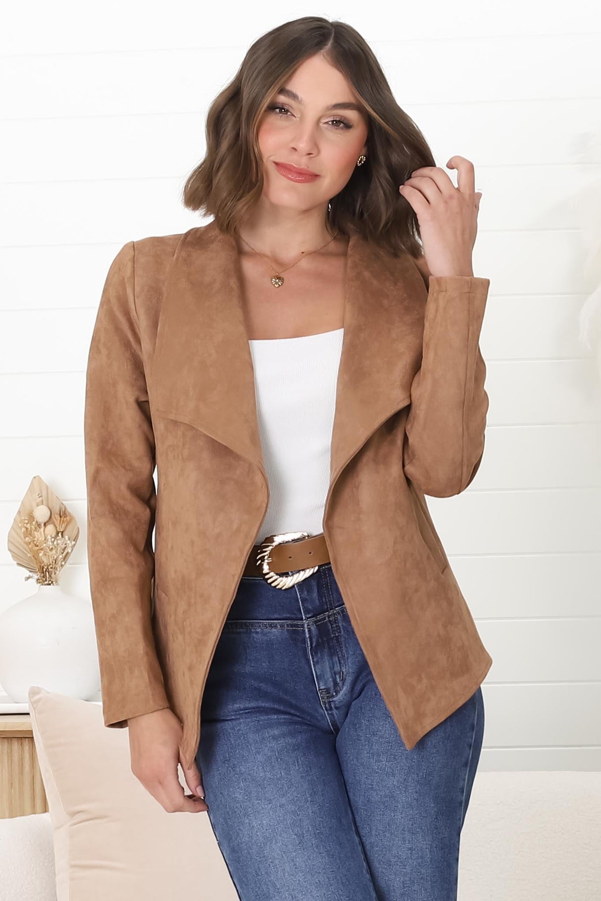 Ollie Suede Jacket - Waterfall Collar Open Front Faux Suede Jacket in Tan