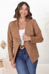 Ollie Suede Jacket - Waterfall Collar Open Front Faux Suede Jacket in Tan