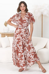 Ness Maxi Dress - Cross Bodice Cap Sleeve Tiered Dress in Hanny Print Rust