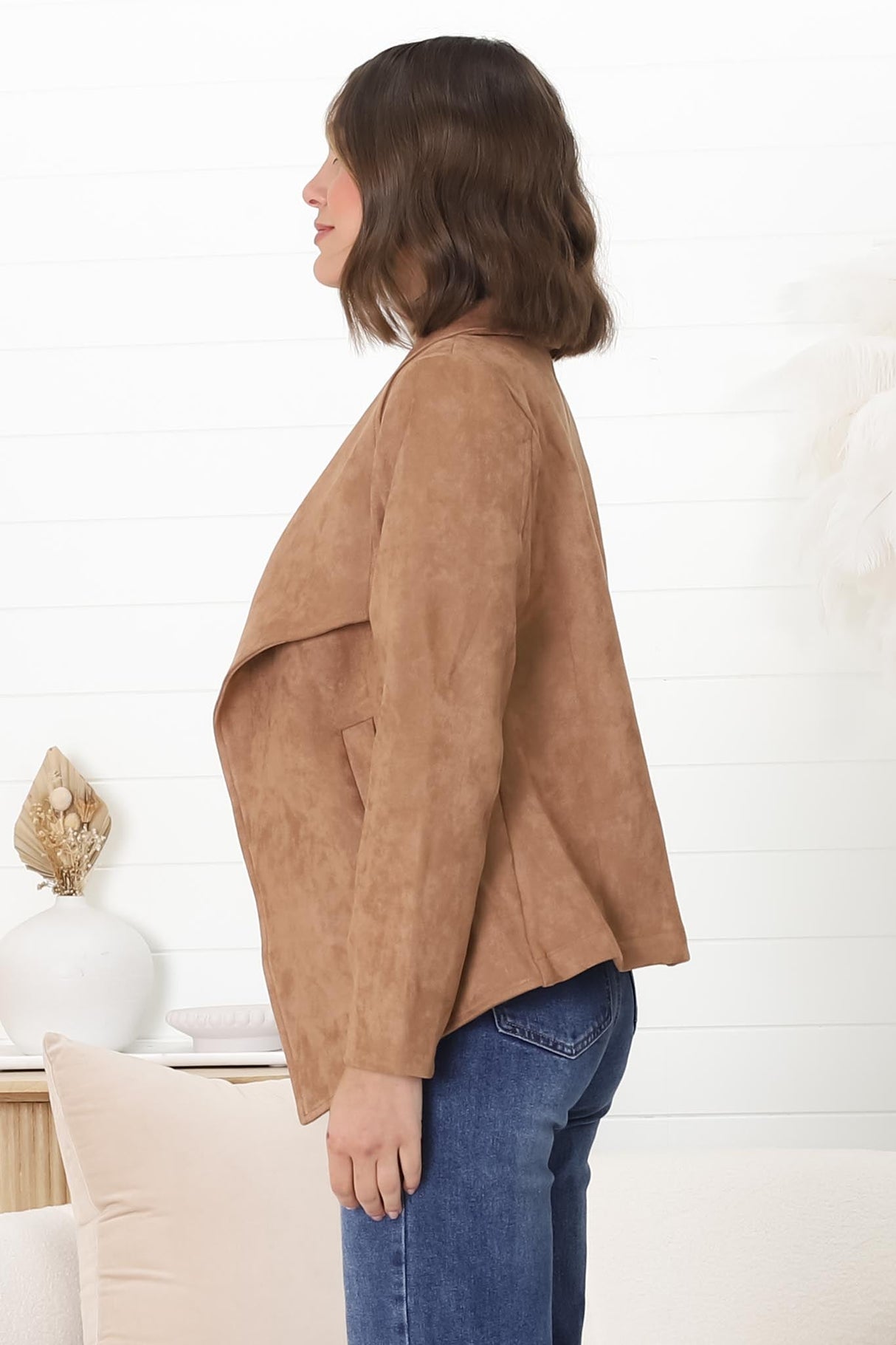 Ollie Suede Jacket - Waterfall Collar Open Front Faux Suede Jacket in Tan