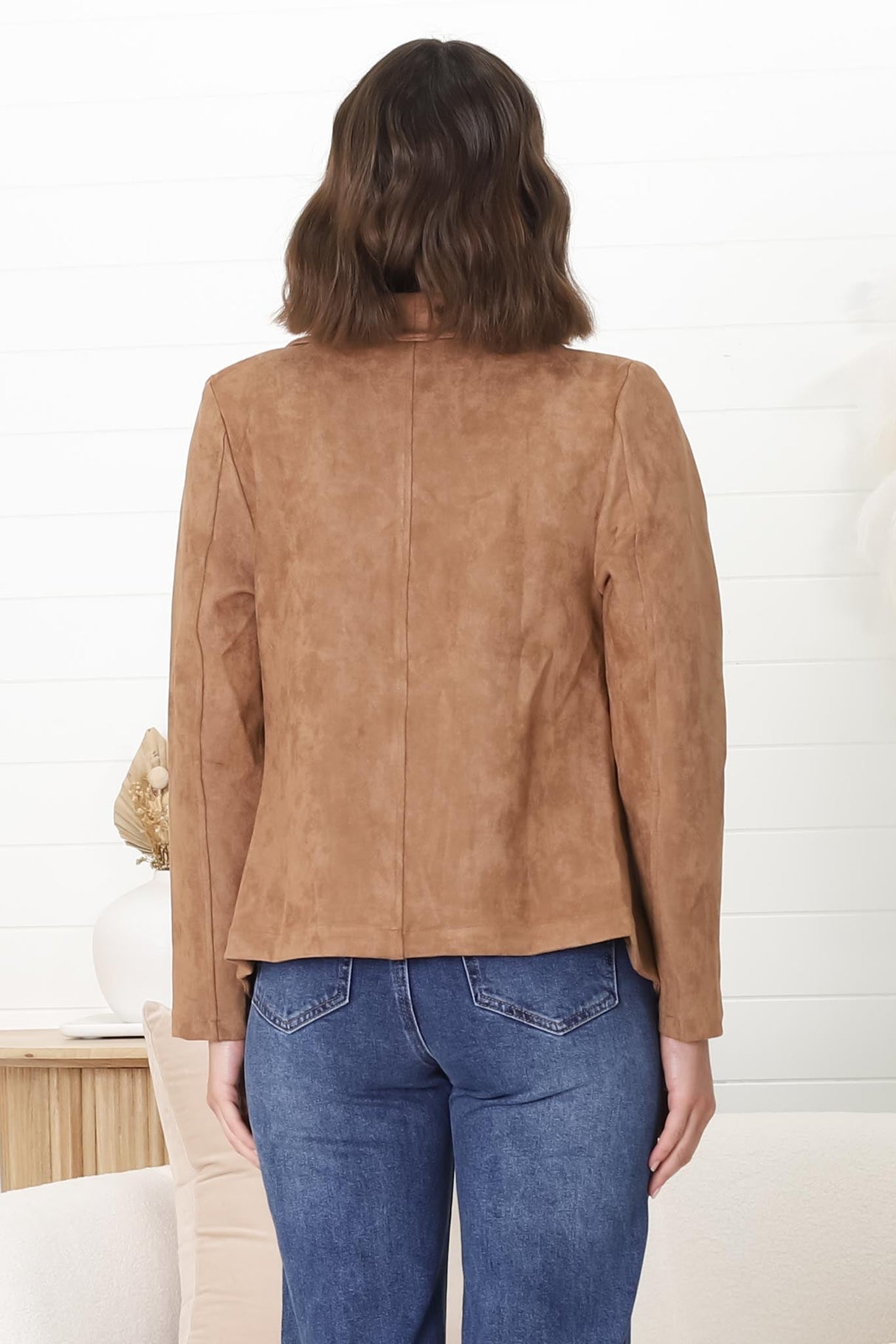 Ollie Suede Jacket - Waterfall Collar Open Front Faux Suede Jacket in Tan