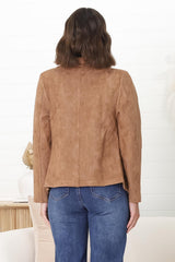 Ollie Suede Jacket - Waterfall Collar Open Front Faux Suede Jacket in Tan