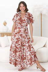 Ness Maxi Dress - Cross Bodice Cap Sleeve Tiered Dress in Hanny Print Rust