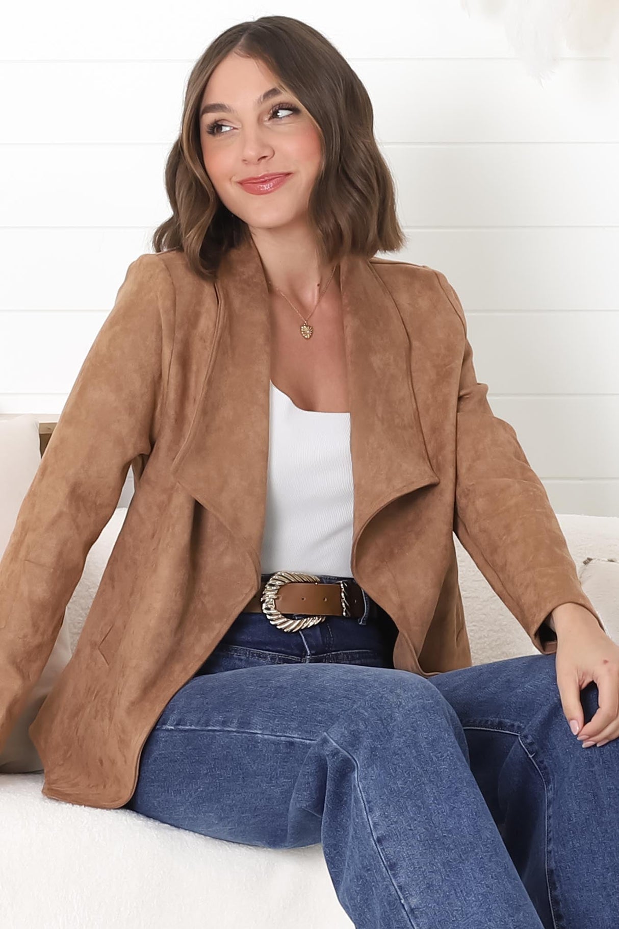 Ollie Suede Jacket - Waterfall Collar Open Front Faux Suede Jacket in Tan