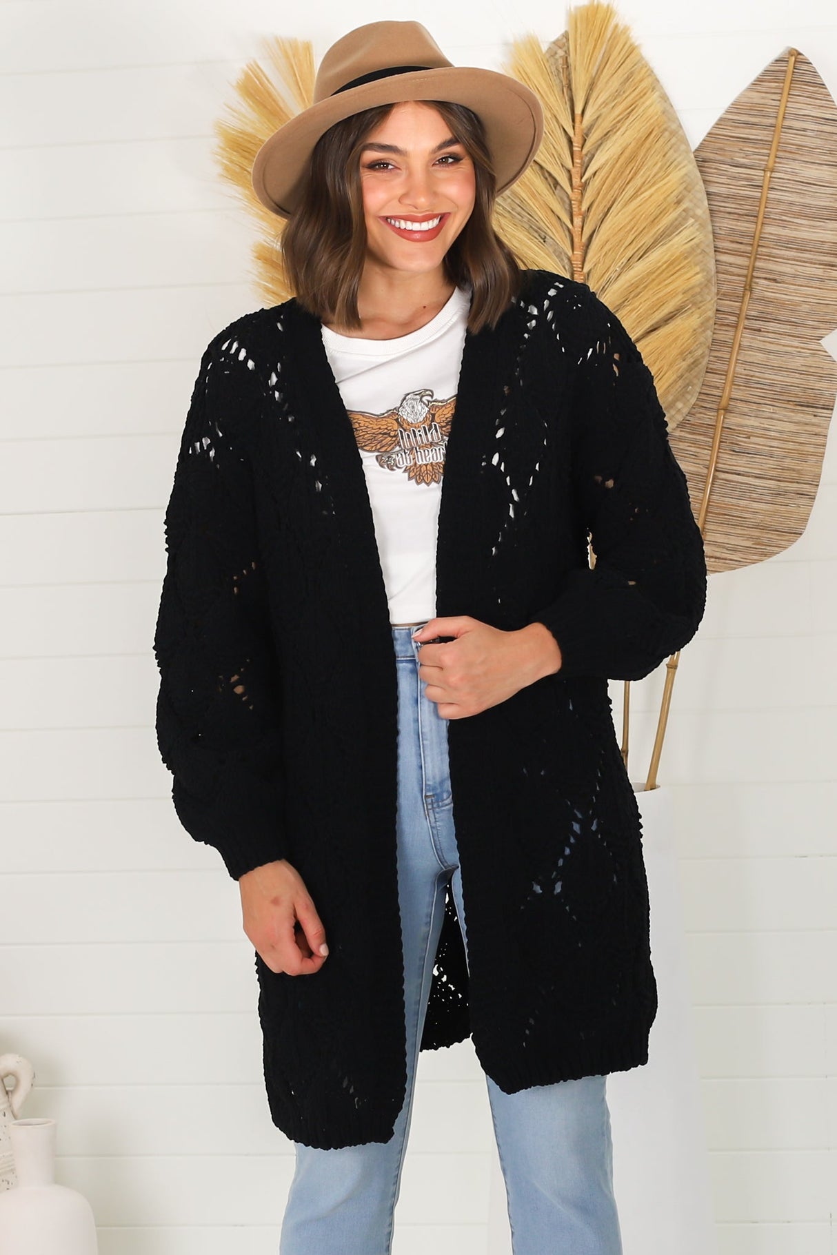 Townsend Cardigan - Open Knit Cardigan with Long Sleeves in Black