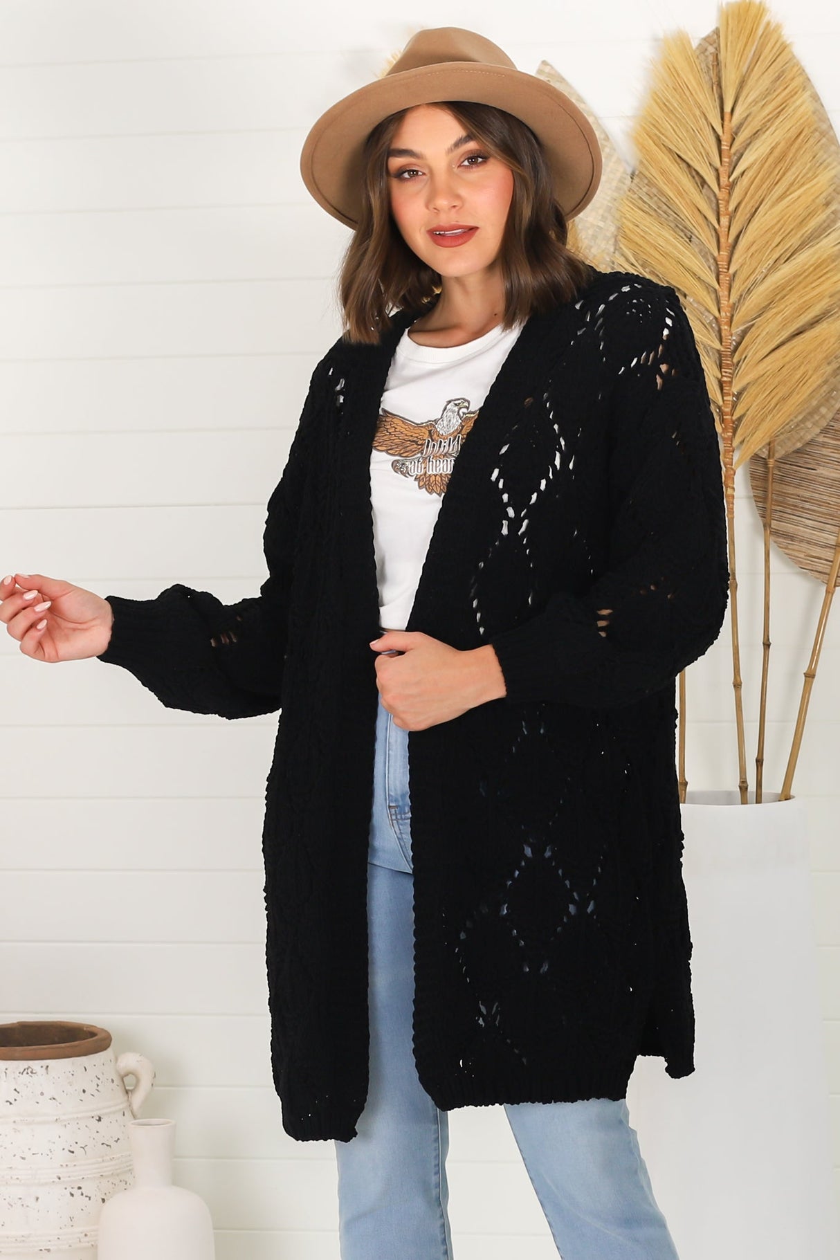 Townsend Cardigan - Open Knit Cardigan with Long Sleeves in Black