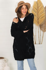 Townsend Cardigan - Open Knit Cardigan with Long Sleeves in Black