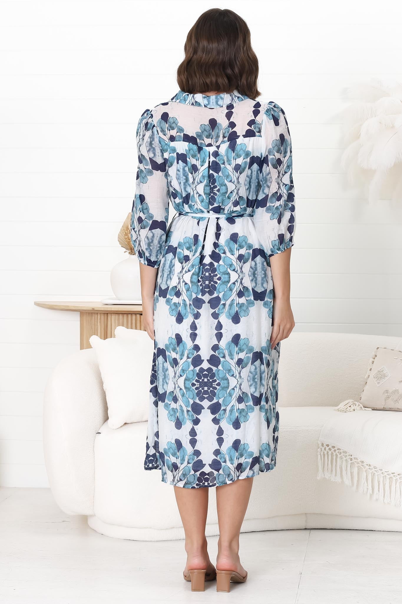 Lorinie Midi Dress - Collared Shirt Dress with Matching Waist Tie in Calea Print Blue