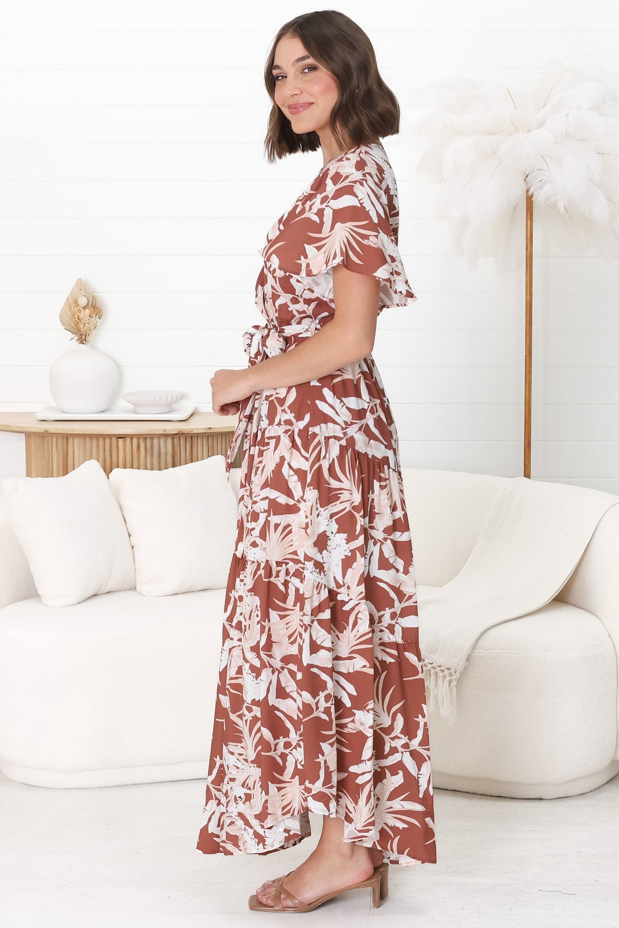 Ness Maxi Dress - Cross Bodice Cap Sleeve Tiered Dress in Hanny Print Rust