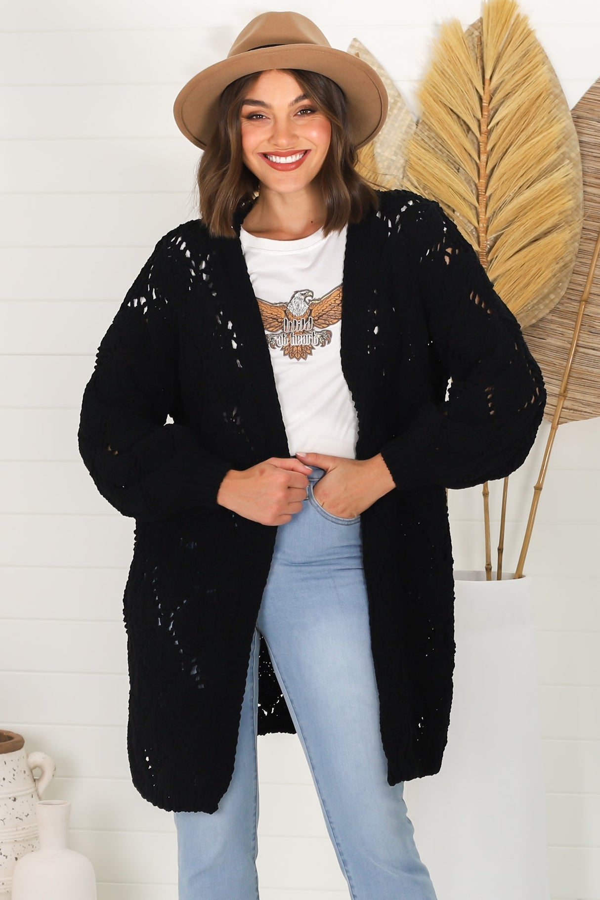 Townsend Cardigan - Open Knit Cardigan with Long Sleeves in Black