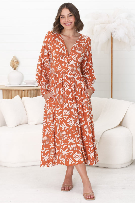 Jolie Midi Dress - V Neck Buttoned Down Long Sleeve Dress in Taralen Print Orange
