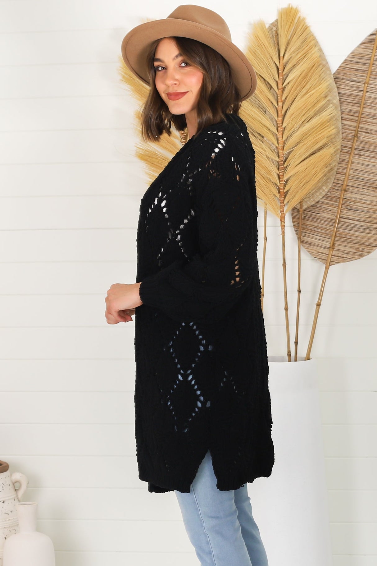 Townsend Cardigan - Open Knit Cardigan with Long Sleeves in Black