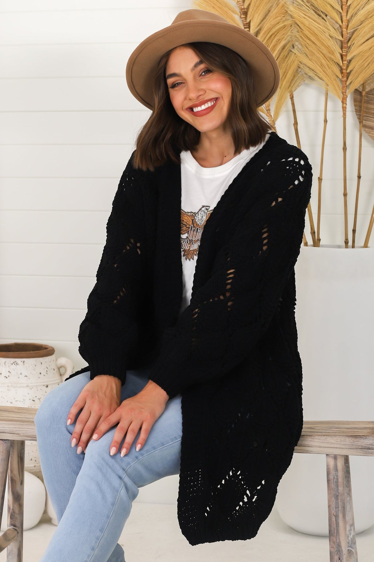 Townsend Cardigan - Open Knit Cardigan with Long Sleeves in Black