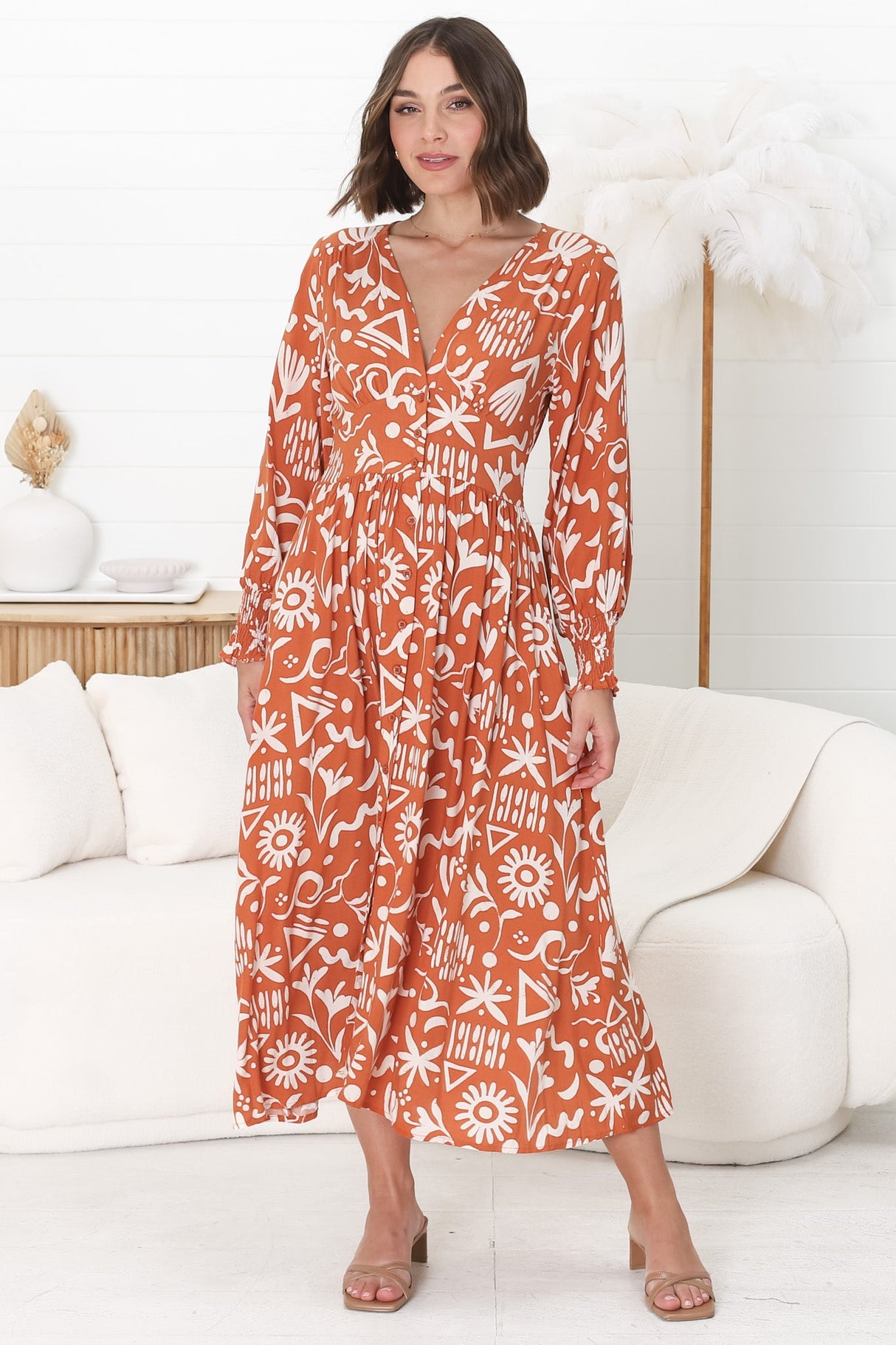 Jolie Midi Dress - V Neck Buttoned Down Long Sleeve Dress in Taralen Print Orange