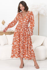 Jolie Midi Dress - V Neck Buttoned Down Long Sleeve Dress in Taralen Print Orange