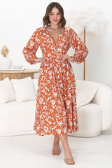 Jolie Midi Dress - V Neck Buttoned Down Long Sleeve Dress in Taralen Print Orange