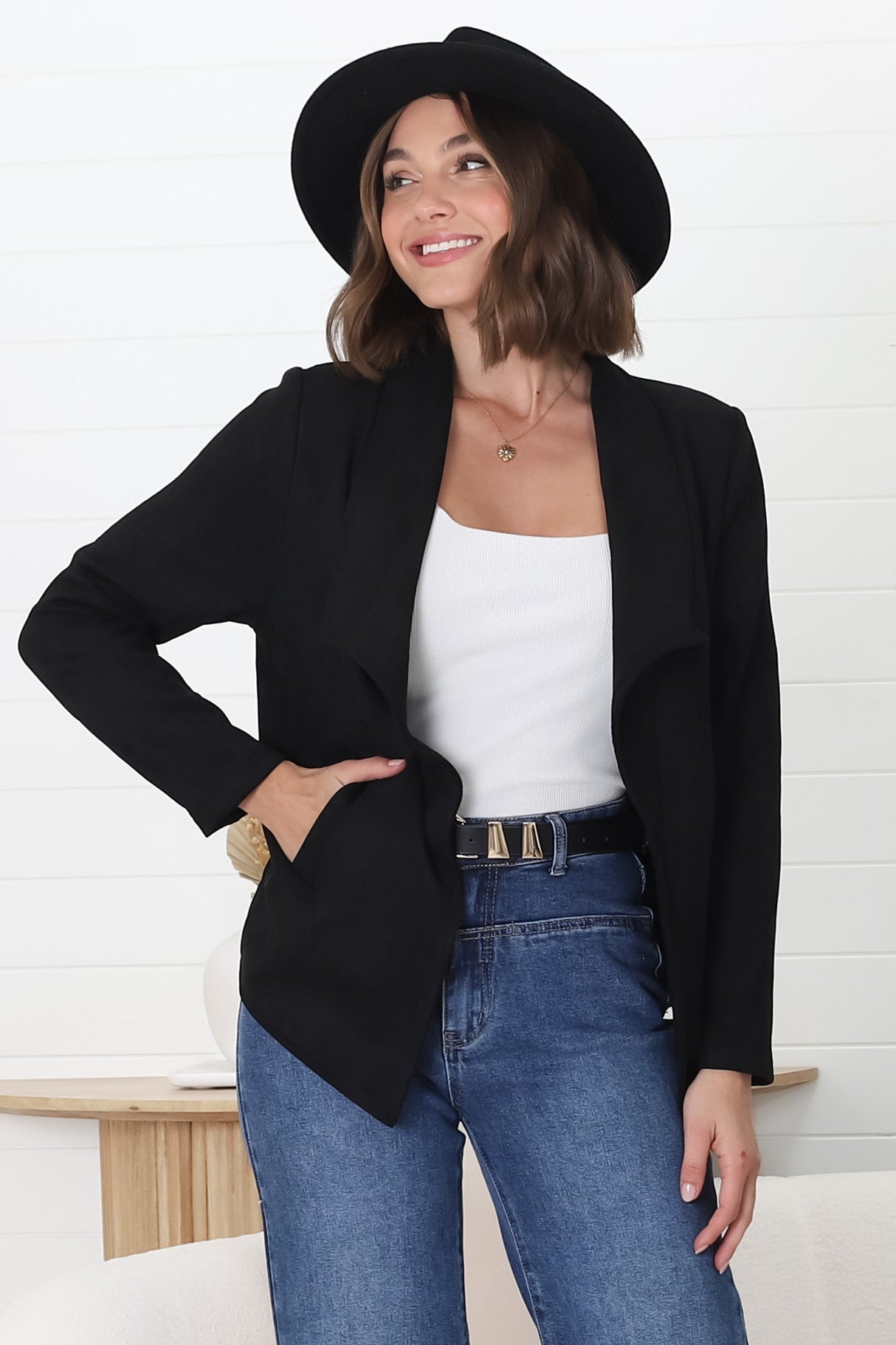 Ollie Suede Jacket - Waterfall Collar Open Front Faux Suede Jacket in Black