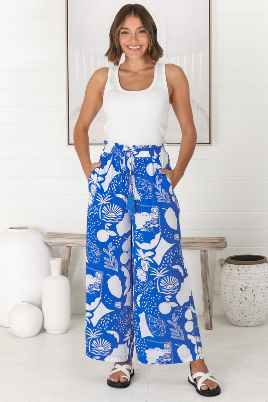 Saskia Pants - Elasticated Paperpag Waist with Drawstring Wide Leg Pants with Pockets in Cobalt Blue