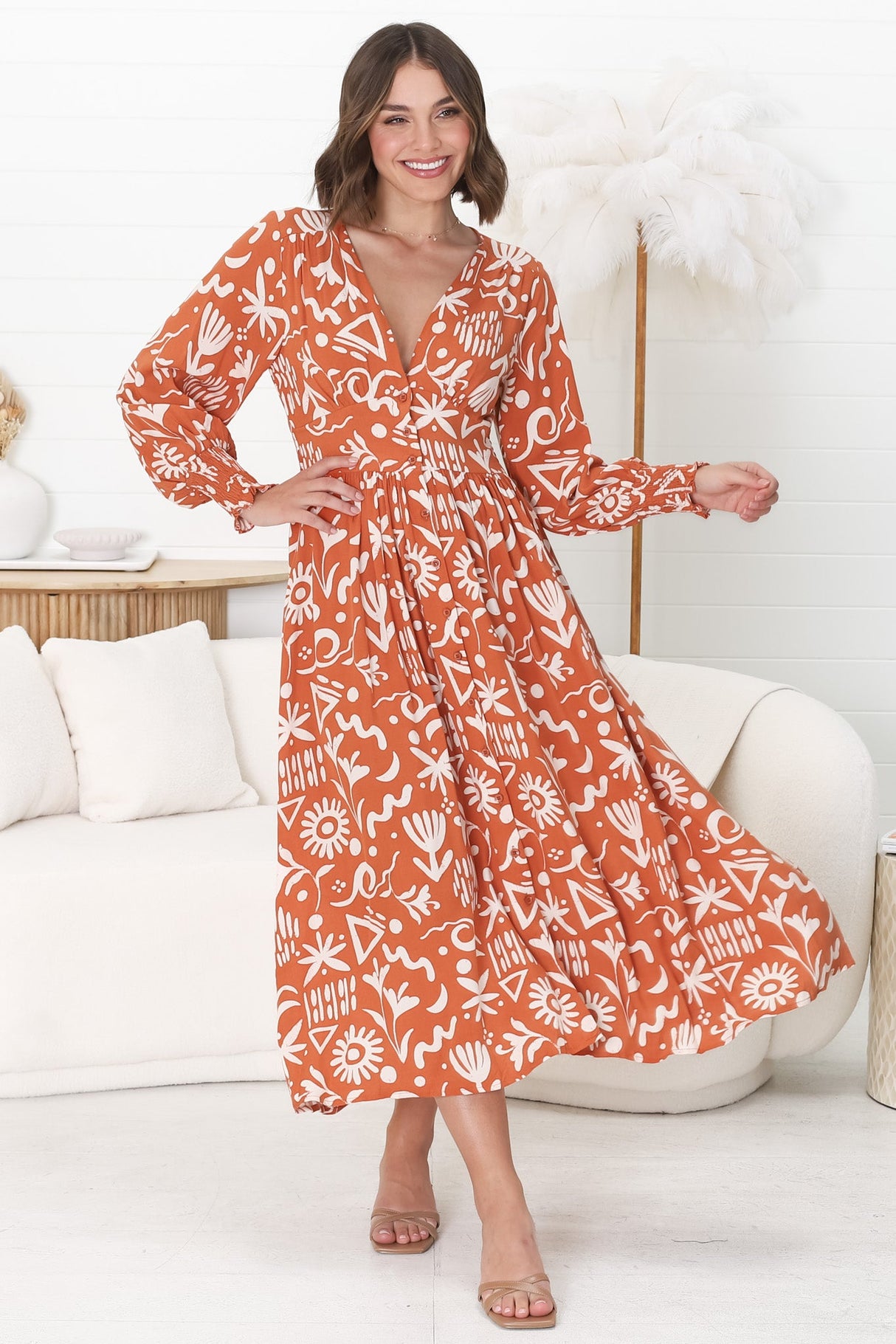 Jolie Midi Dress - V Neck Buttoned Down Long Sleeve Dress in Taralen Print Orange