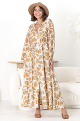 Amelie Maxi Dress - Frill Collar Button Through Dress with Waist Tie in Kiana Print