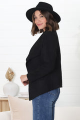 Ollie Suede Jacket - Waterfall Collar Open Front Faux Suede Jacket in Black