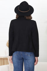 Ollie Suede Jacket - Waterfall Collar Open Front Faux Suede Jacket in Black