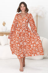 Jolie Midi Dress - V Neck Buttoned Down Long Sleeve Dress in Taralen Print Orange