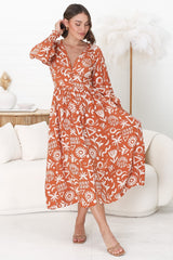 Jolie Midi Dress - V Neck Buttoned Down Long Sleeve Dress in Taralen Print Orange