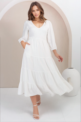 Lellah Midi Dress - Shirred Bodice Soft V Neck Tiered Dress in White